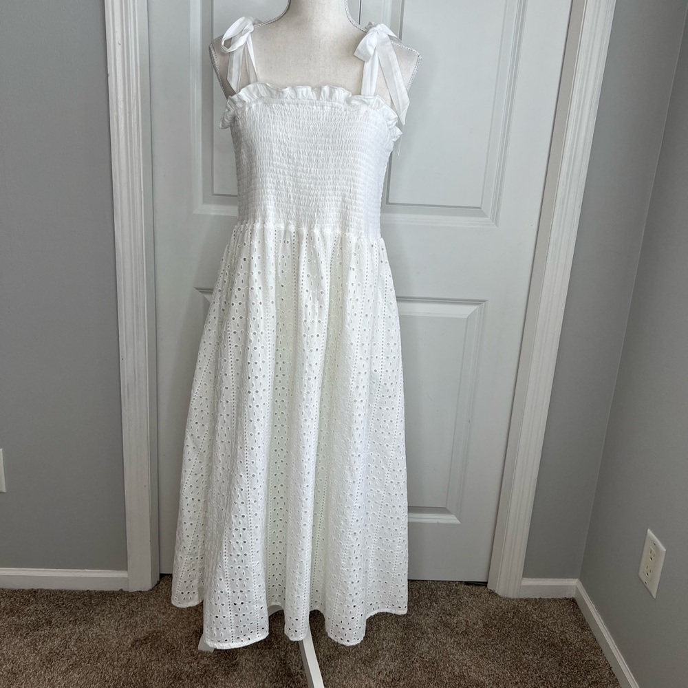 Cabana Life White Schiflie Smocked Eyelet Midi Sundress XL Adjustable Tie Straps